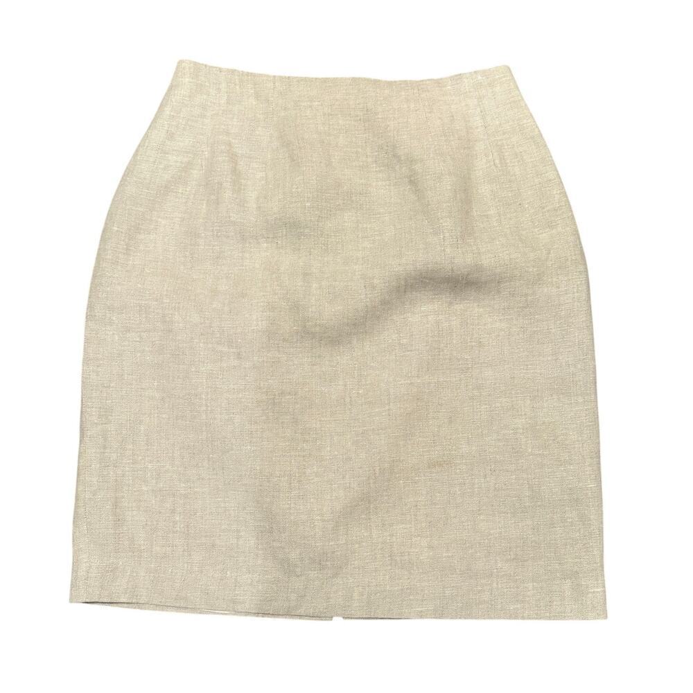 Vintage Beige Linen Midi Skirt Neutral Size 6 Medium Chic Workwear Career Office